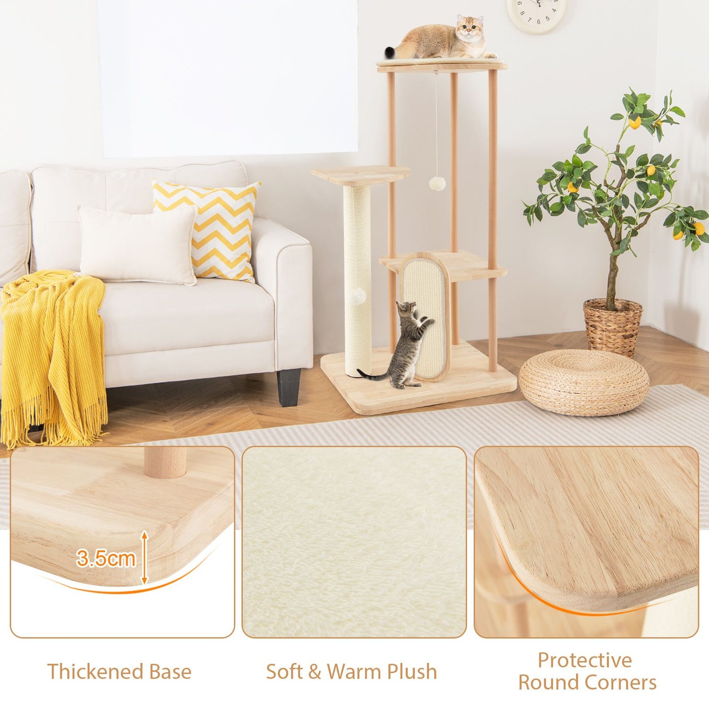 Multi-Level Modern Wood Cat Tree with Scratching Board and Post