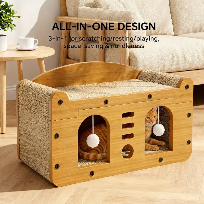 Double Door Scratcher Sofa, 56Cm Size Scratching House with 2 Teaser Balls, 3-In-1 Scratcher Bed Cave for & Multi- Households Belgian Malinois Dog Cat Tree Breathable Elevated Cooling Gothic Coffin Large Foldable Crate