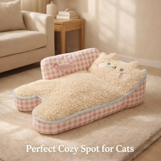 2026 Aesthetic Pink Gingham Plush Cat Sofa Bed - Orthopedic and Calming Fleece Lounger for Cats and Small Dogs