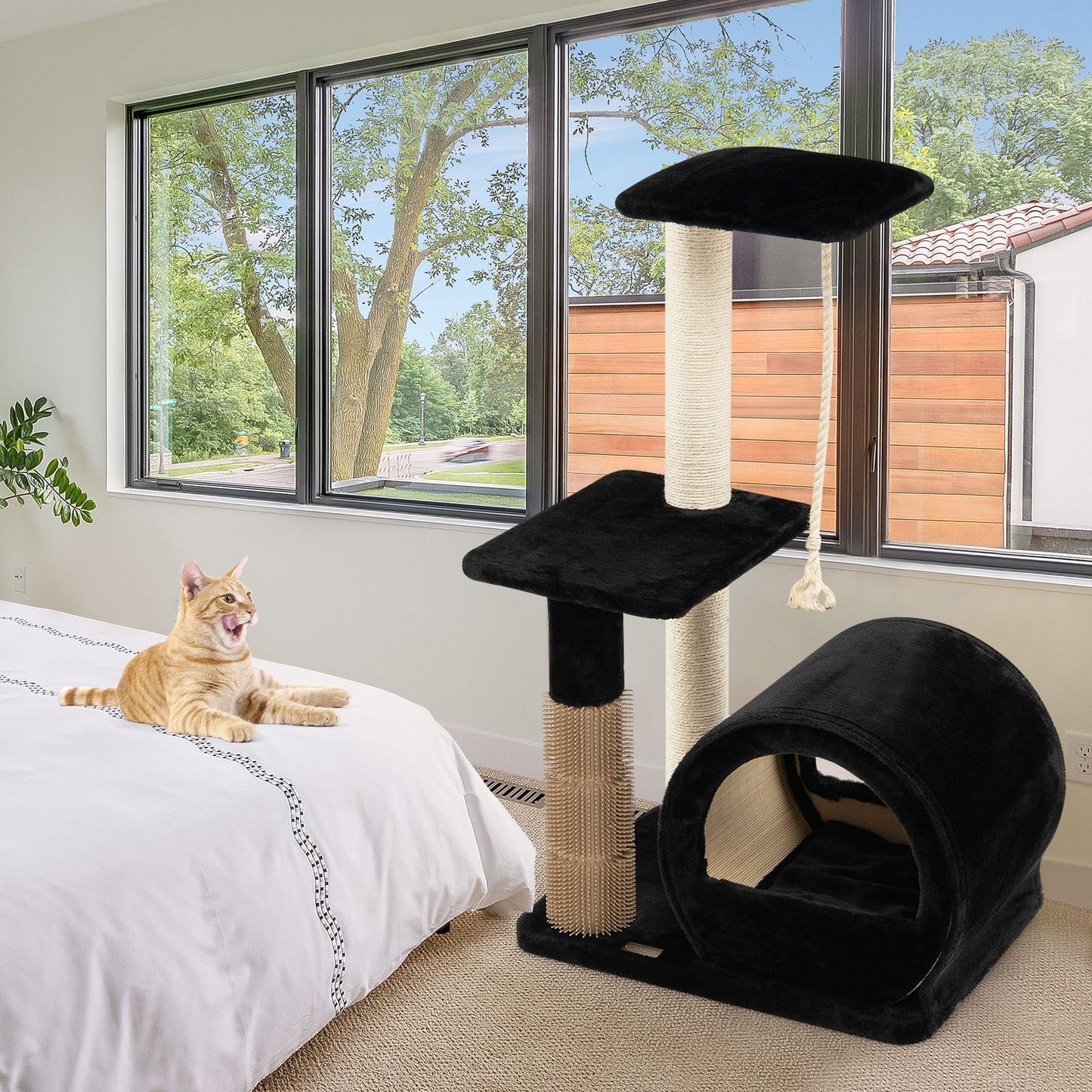 Multi-Tiered Cat Climbing Tower with Grooming Brush and Sisal Rope