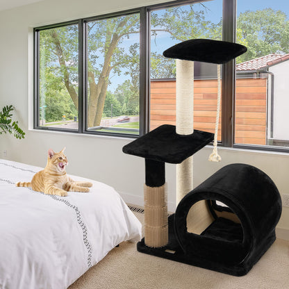 Multi-Tiered Cat Climbing Tower with Grooming Brush and Sisal Rope