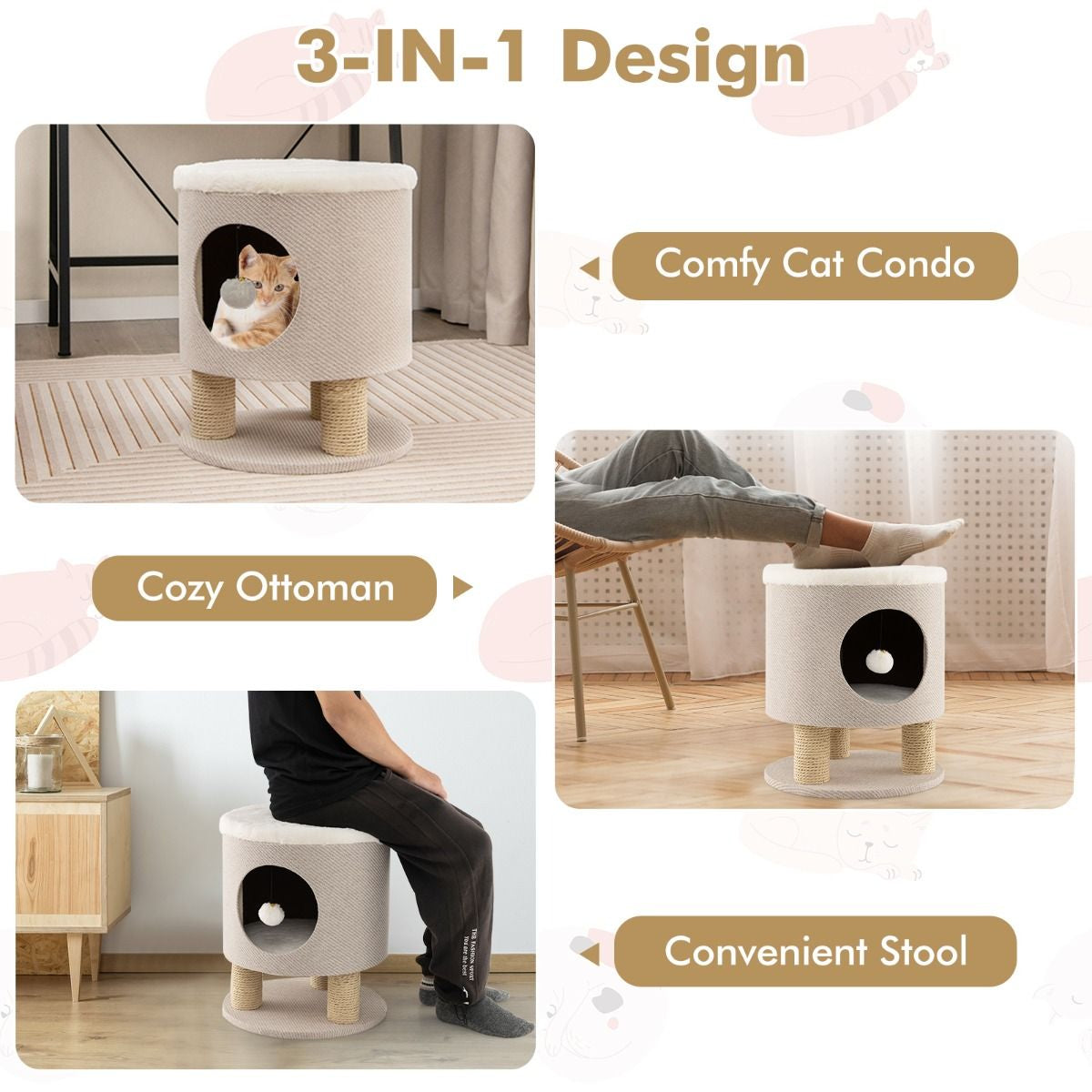 Indoor Cat Condo Stool with Scratching Posts and Plush Toy Ball