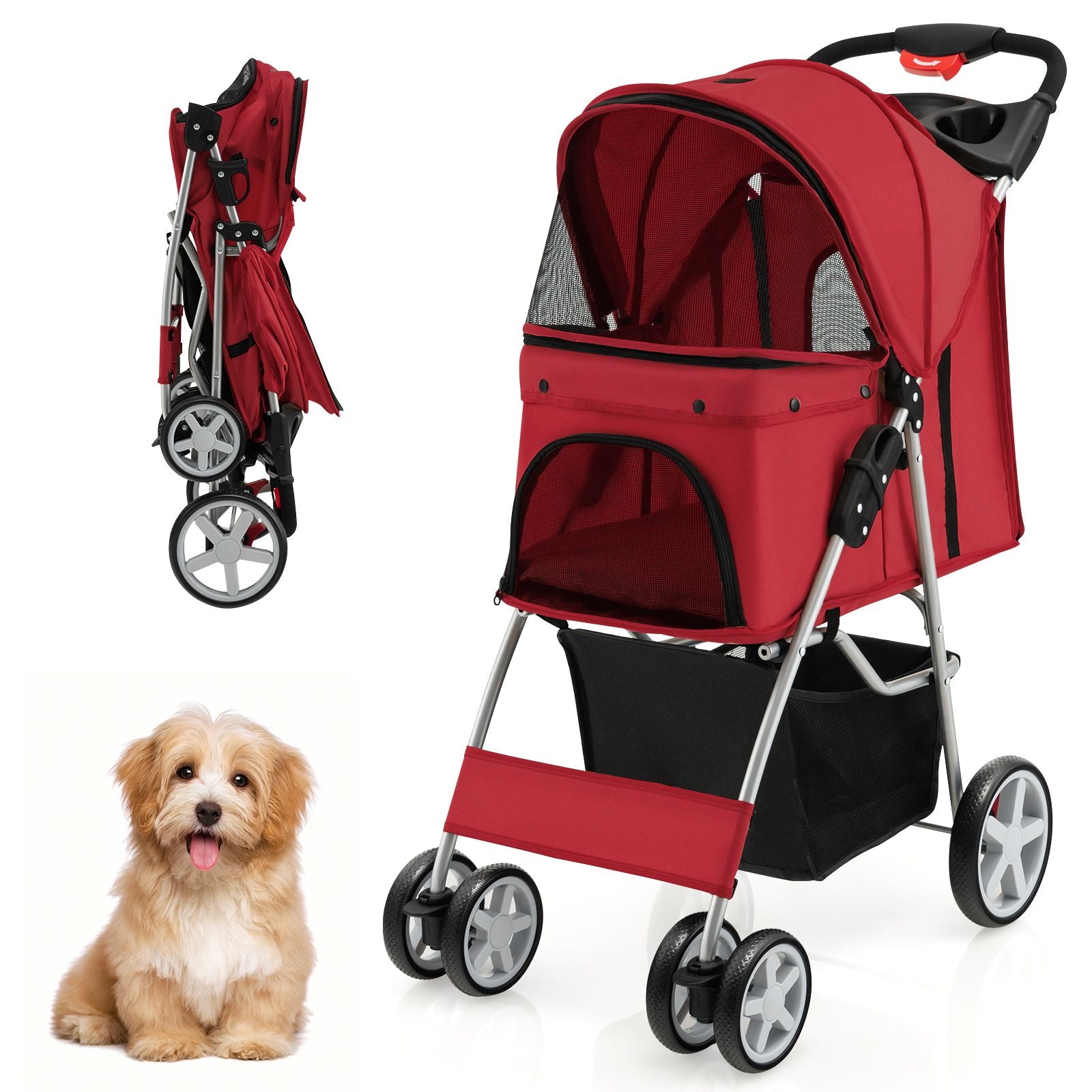 4-Wheel Folding Pet Stroller with Storage Basket and Adjustable Canopy System