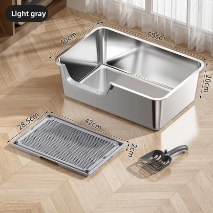 Extra Large Stainless Steel Cat Litter Box with Top Entry and Side Opening - Anti-Splash Design, Durable and Easy to Clean, 60x40x20 cm
