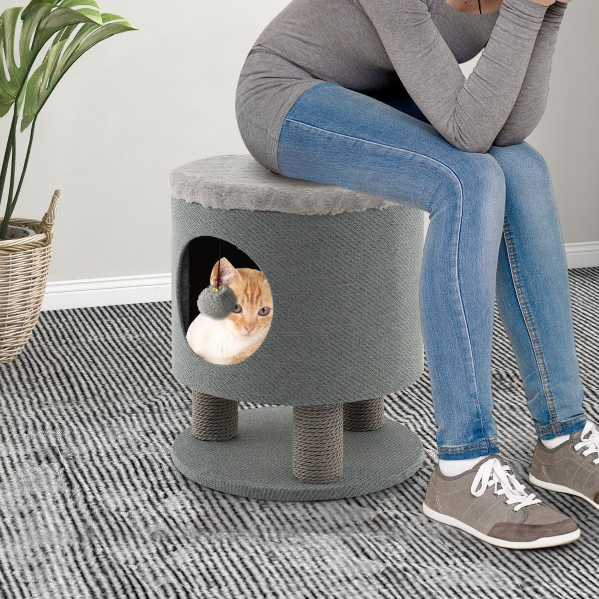 Indoor Cat Condo Stool with Scratching Posts and Plush Toy Ball