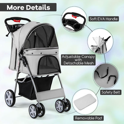 4-Wheel Folding Pet Stroller with Storage Basket and Adjustable Canopy System