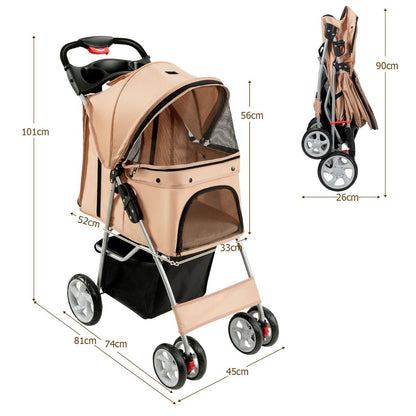 4-Wheel Folding Pet Stroller with Storage Basket and Adjustable Canopy System