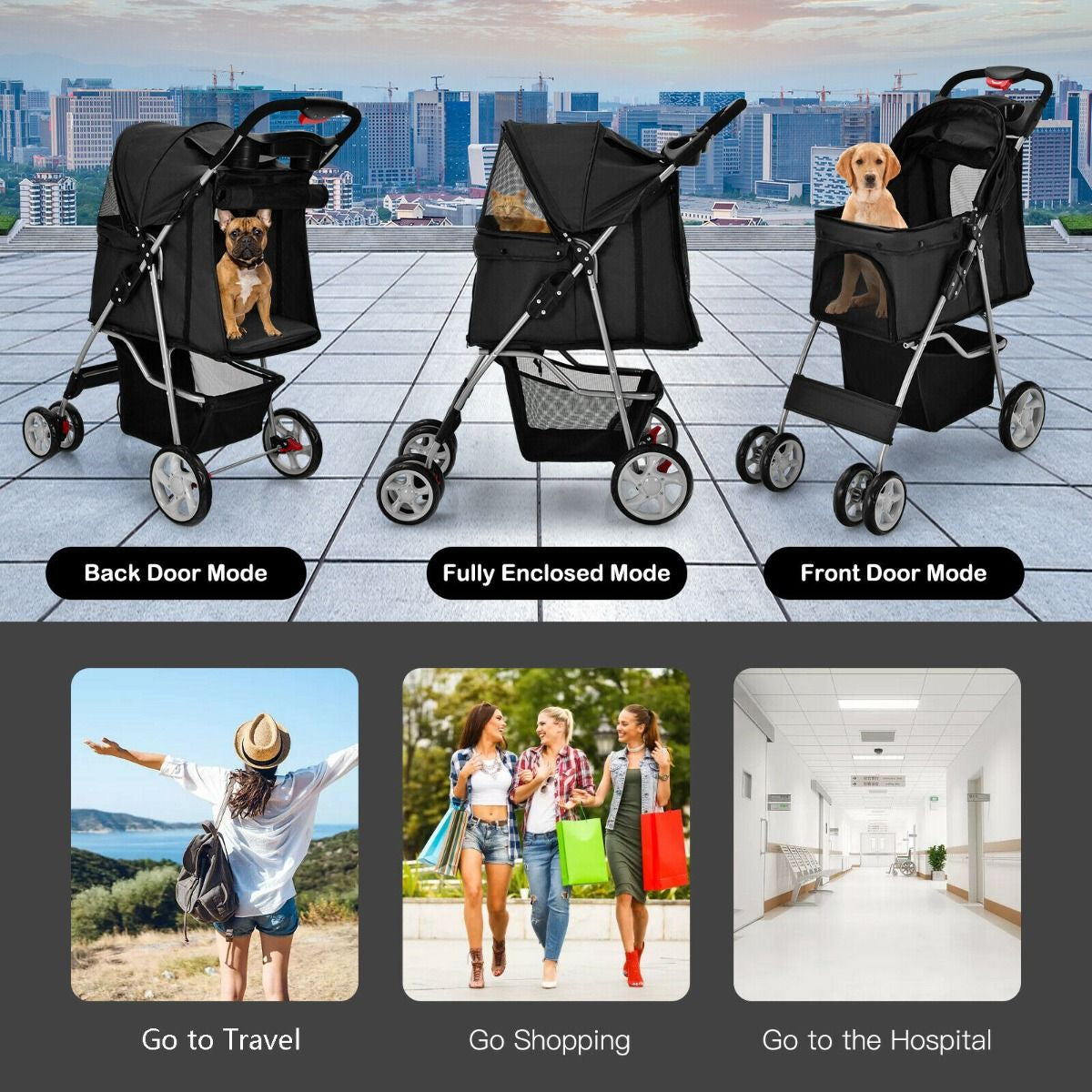 4-Wheel Folding Pet Stroller with Storage Basket and Adjustable Canopy System