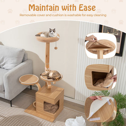 51-Inch Premium Wooden Cat Tree with Durable Solid Wood Post and Curved Plywood Frame