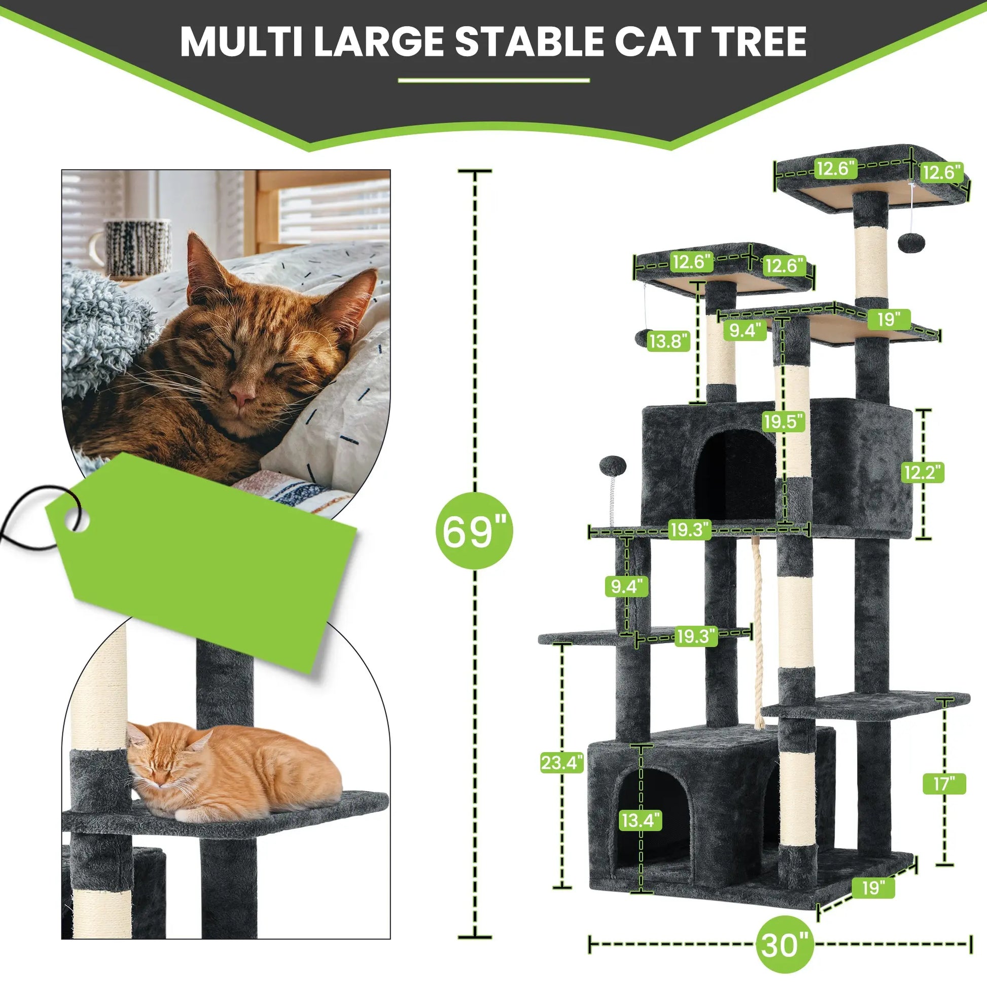 Wecharmer Indoor Cat Tree Tower with Plush Condo, Scratching Posts, and Hanging Ball - Ideal Pet Furniture with Green Leaf Design