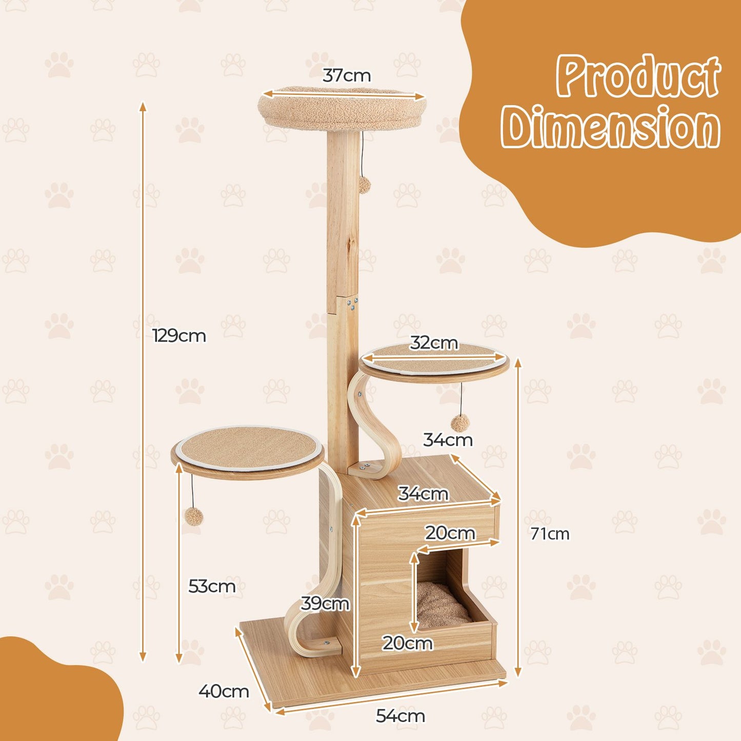 51-Inch Premium Wooden Cat Tree with Durable Solid Wood Post and Curved Plywood Frame