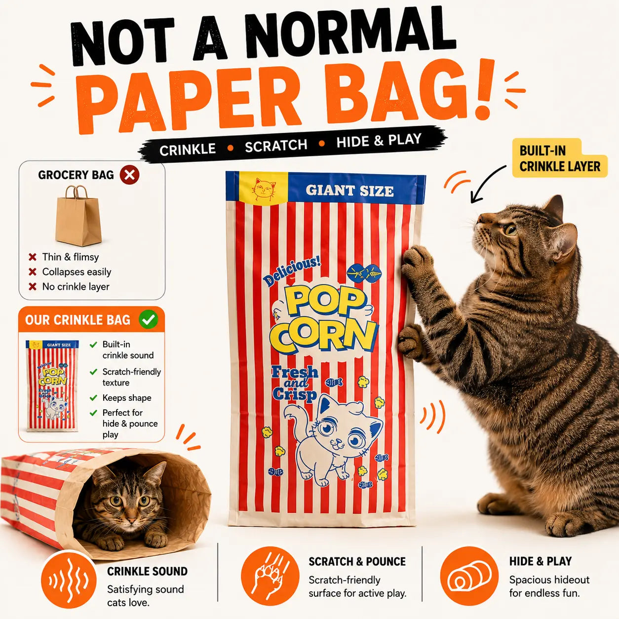 Giant Crinkle Bag Tunnel Toy for Indoor Cats - 29.5 x 13.8 Inch Collapsible Interactive Hideaway with Crinkle Sound for Kittens, Rabbits, and Ferrets