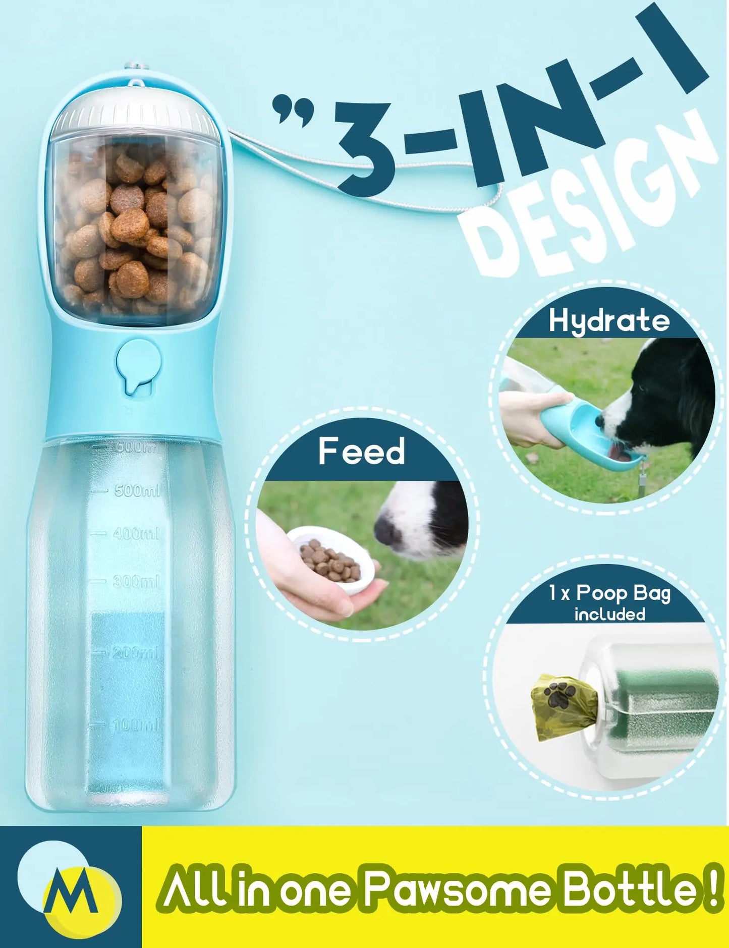 3-in-1 Portable Water Bottle for Dogs with Food Container and Poop Bag Holder - Ideal for Outdoor Activities, 20 Oz, Blue