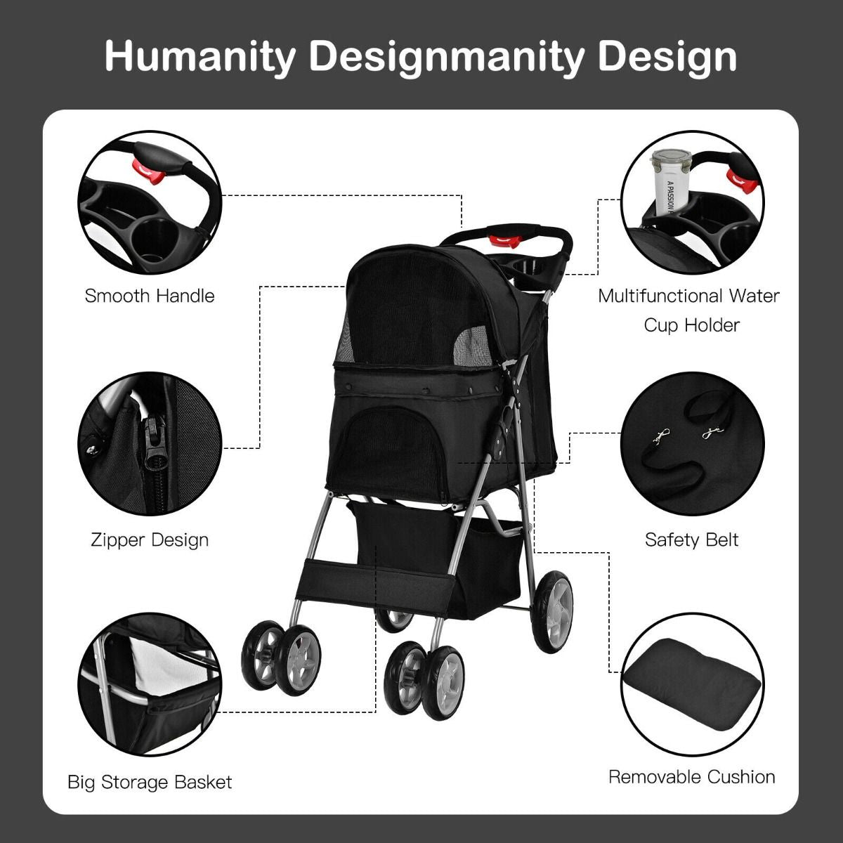 4-Wheel Folding Pet Stroller with Storage Basket and Adjustable Canopy System