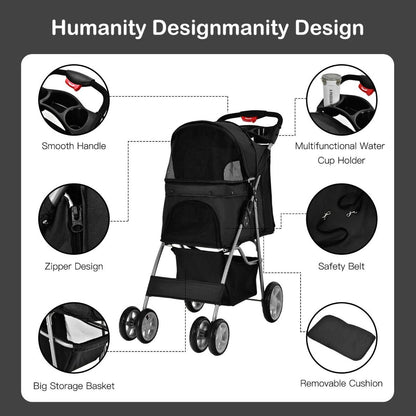 4-Wheel Folding Pet Stroller with Storage Basket and Adjustable Canopy System