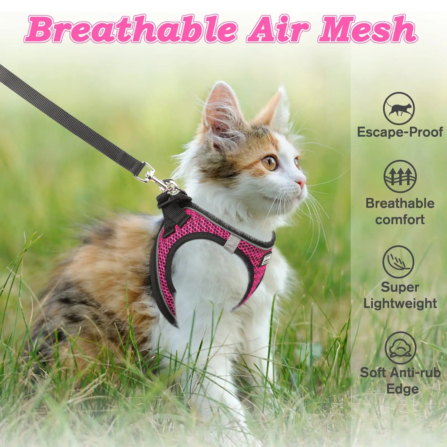 Escape-Proof Cat Harness and Leash Set - Adjustable Reflective Soft Mesh Vest for Kittens and Puppies, Comfortable Fit for Outdoor Walking, Easy Control and Durability