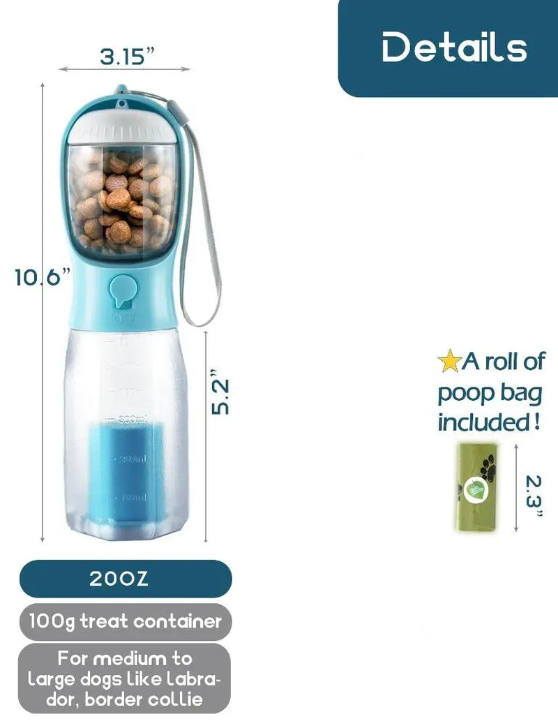 3-in-1 Portable Water Bottle for Dogs with Food Container and Poop Bag Holder - Ideal for Outdoor Activities, 20 Oz, Blue
