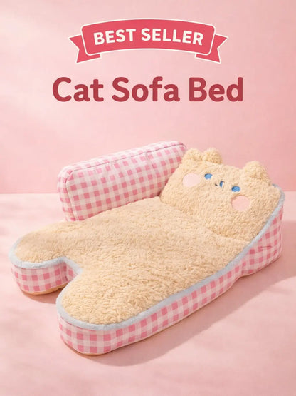 2026 Aesthetic Pink Gingham Plush Cat Sofa Bed - Orthopedic and Calming Fleece Lounger for Cats and Small Dogs