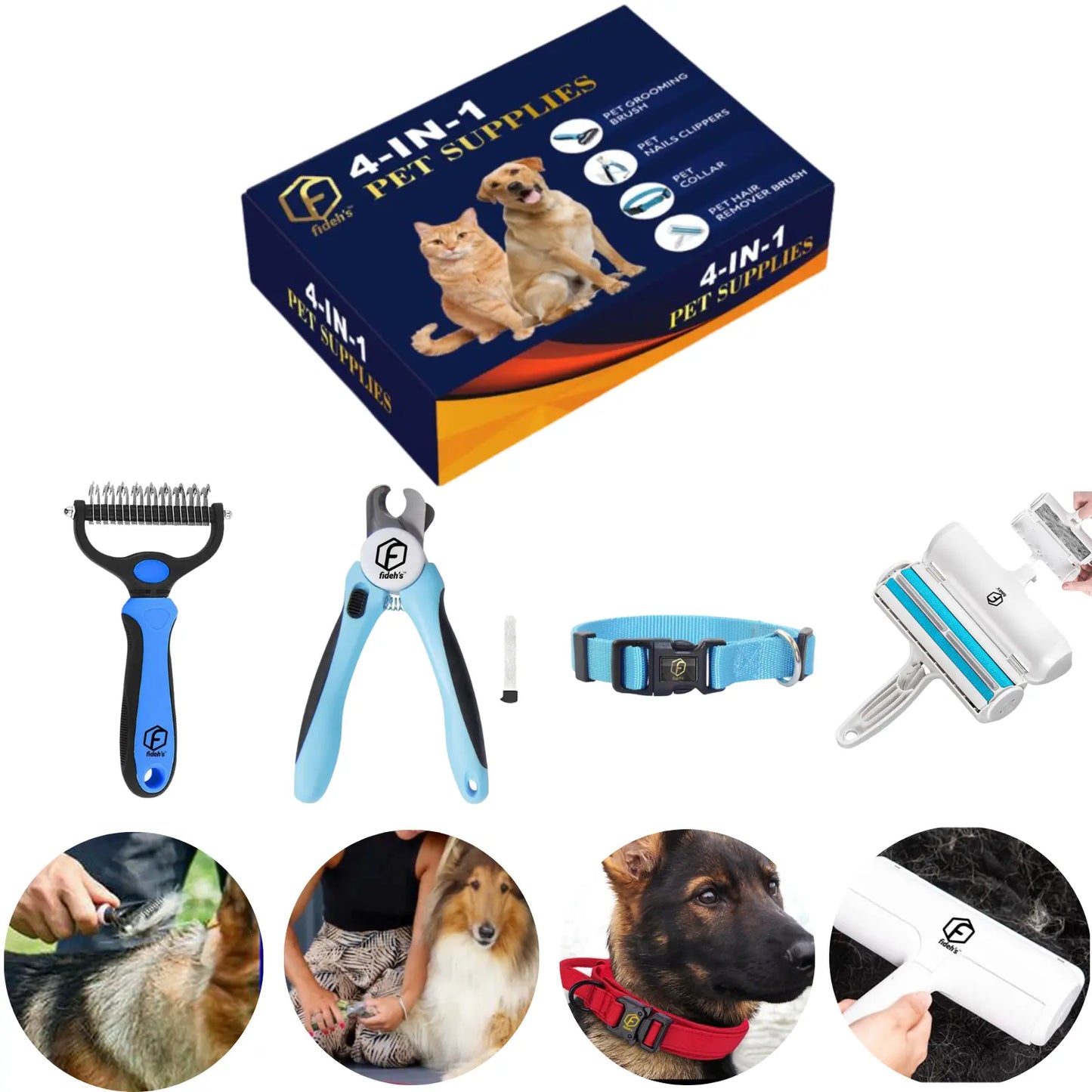 FIDEH 4-in-1 Pet Care Set: Reusable Cat and Dog Hair Remover Brush, Double-Sided Shedding Brush, Nail Clippers and Trimmers, Razor Sharp Blade, and Nylon Collar for Medium Dogs (4 Pieces, Pink)