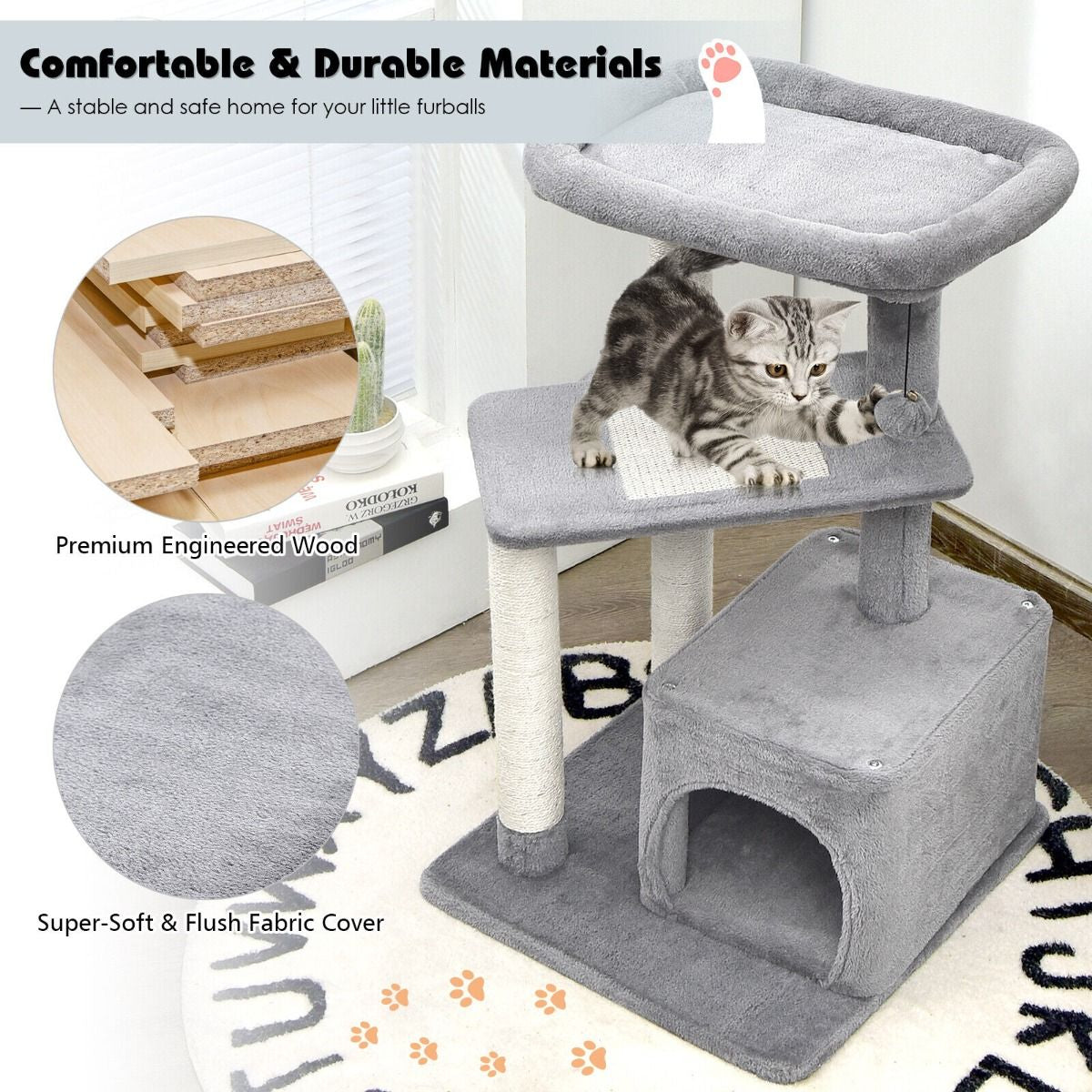 4-Tier Cat Tree with Scratching Posts and Interactive Dangling Ball