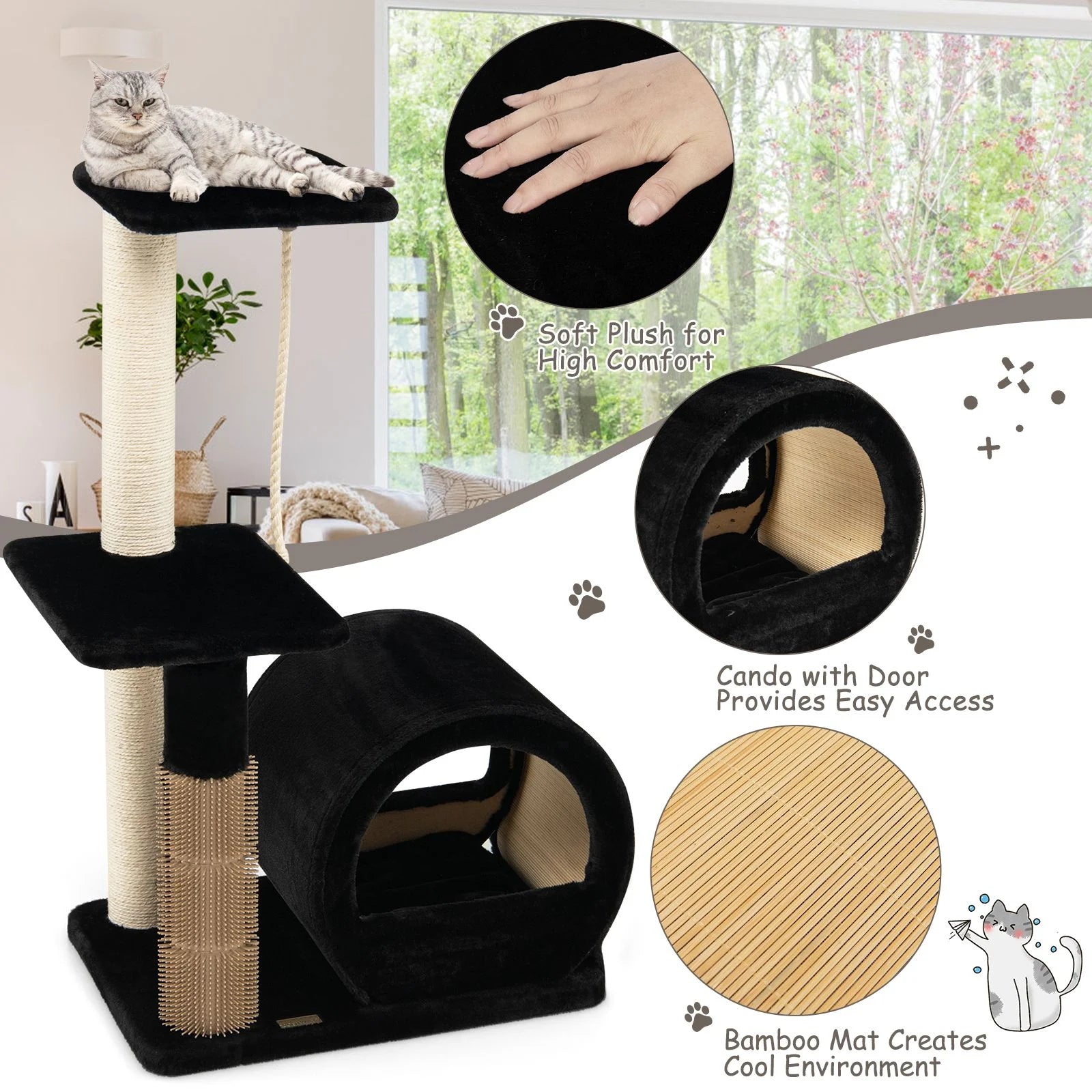 Multi-Tiered Cat Climbing Tower with Grooming Brush and Sisal Rope