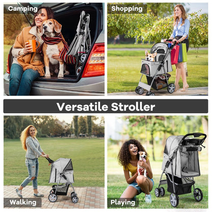 4-Wheel Folding Pet Stroller with Storage Basket and Adjustable Canopy System