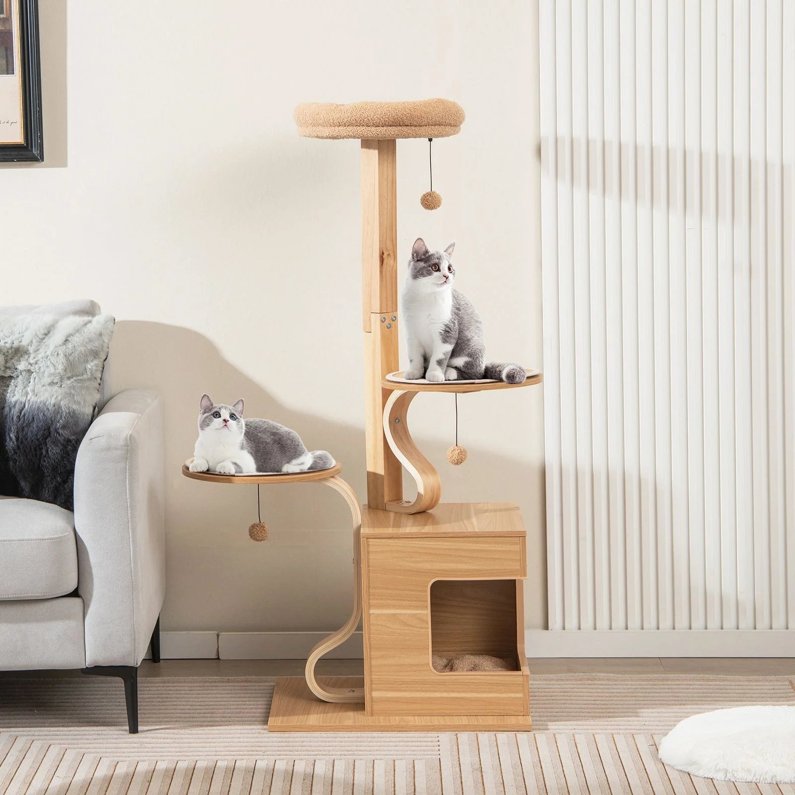 51-Inch Premium Wooden Cat Tree with Durable Solid Wood Post and Curved Plywood Frame