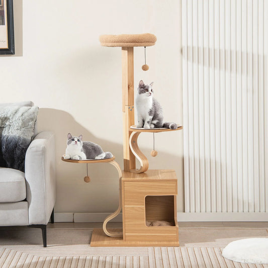 51-Inch Premium Wooden Cat Tree with Durable Solid Wood Post and Curved Plywood Frame