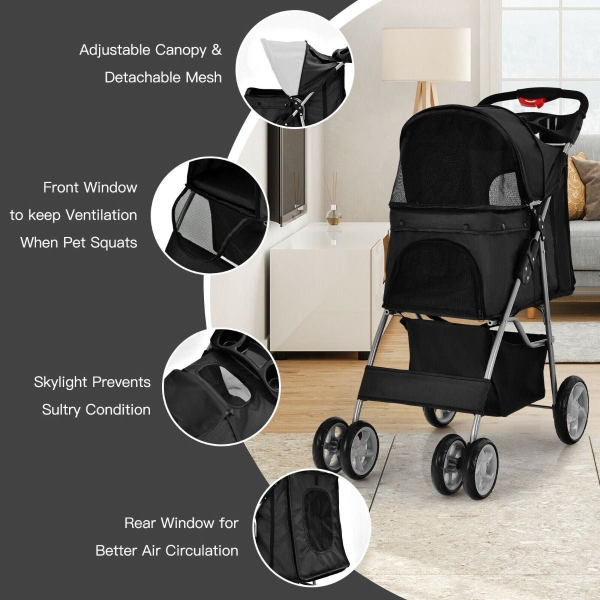 4-Wheel Folding Pet Stroller with Storage Basket and Adjustable Canopy System