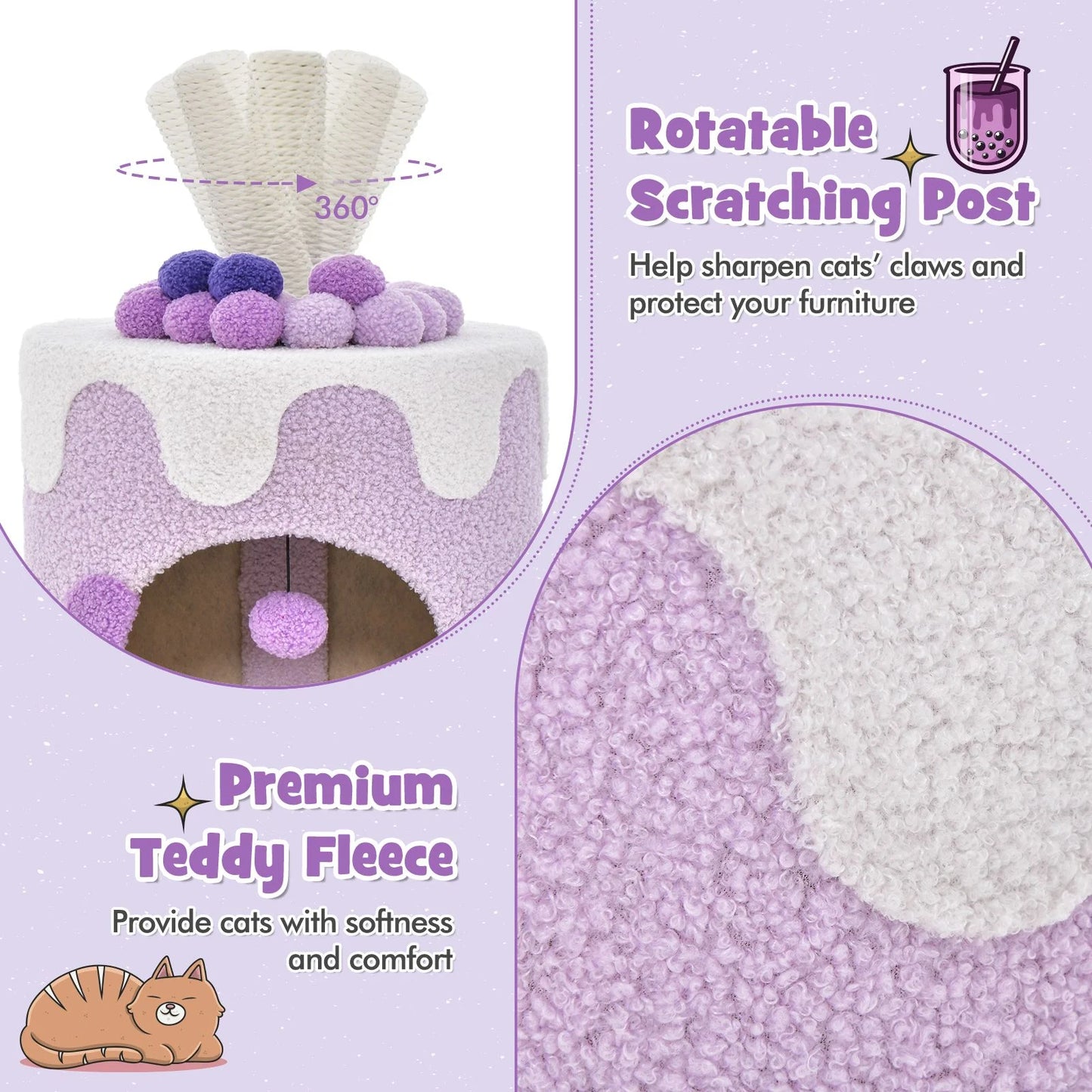 Charming Bubble Tea Cat Tree Tower with Interactive Scratching Post and Cozy Condo