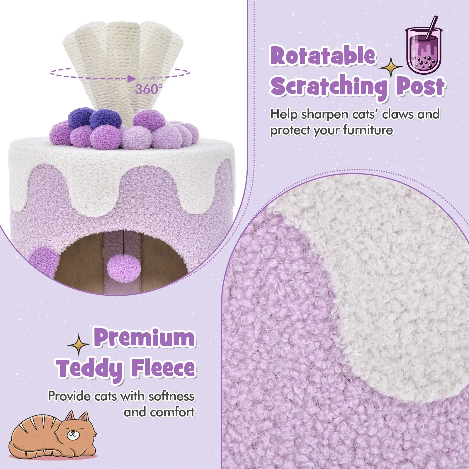 Charming Bubble Tea Cat Tree Tower with Interactive Scratching Post and Cozy Condo