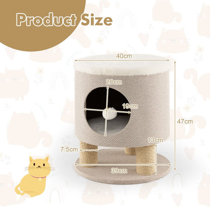 Indoor Cat Condo Stool with Scratching Posts and Plush Toy Ball