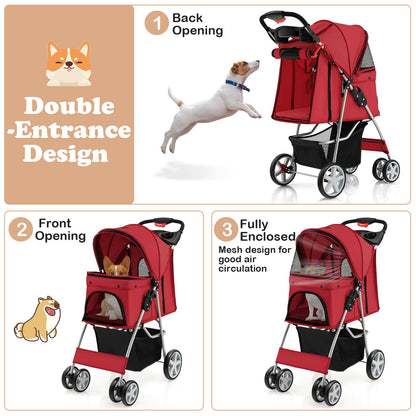 4-Wheel Folding Pet Stroller with Storage Basket and Adjustable Canopy System
