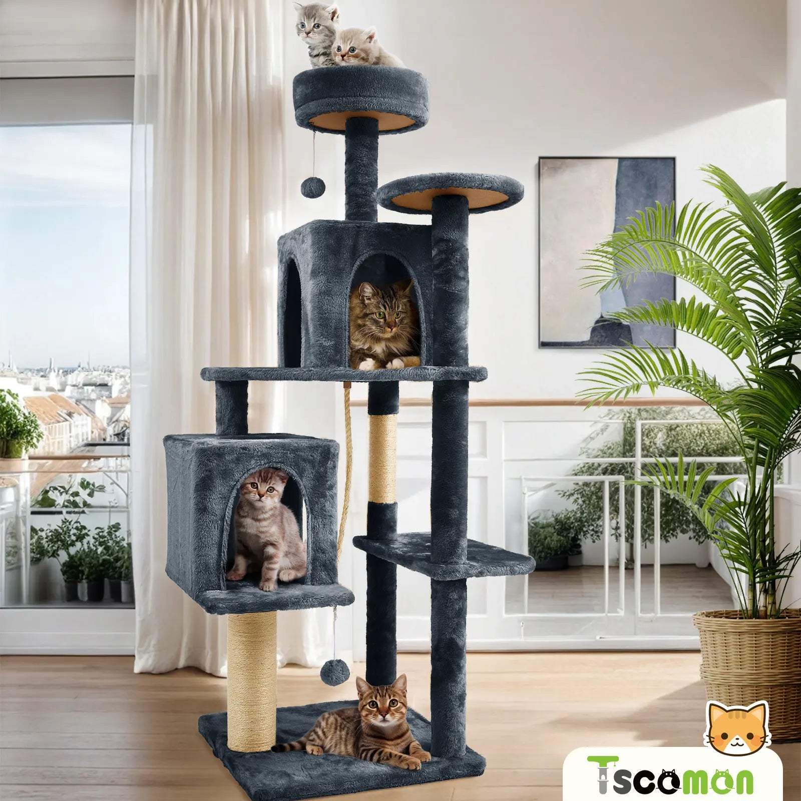 Wecharmer Indoor Cat Tree Tower with Plush Condo, Scratching Posts, and Hanging Ball - Ideal Pet Furniture with Green Leaf Design