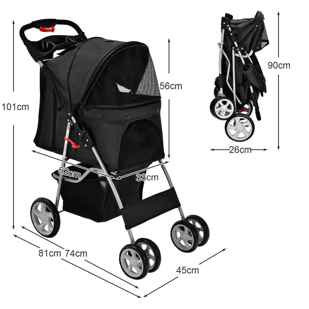 4-Wheel Folding Pet Stroller with Storage Basket and Adjustable Canopy System