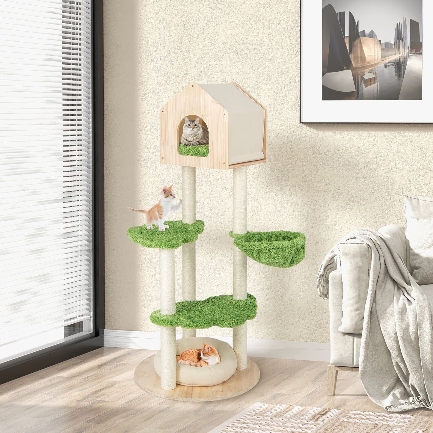 Stylish Wooden Cat Tree with Cozy Condos and Durable Sisal Scratching Posts for Happy Kittens