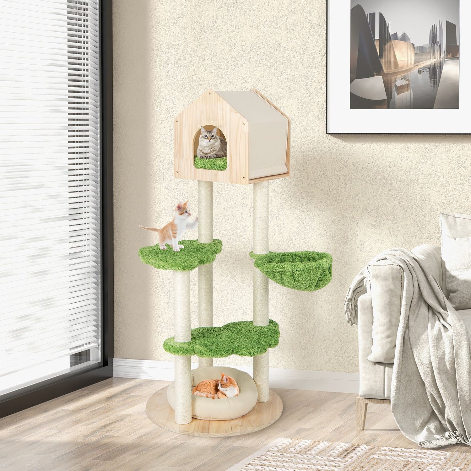 Stylish Wooden Cat Tree with Cozy Condos and Durable Sisal Scratching Posts for Happy Kittens
