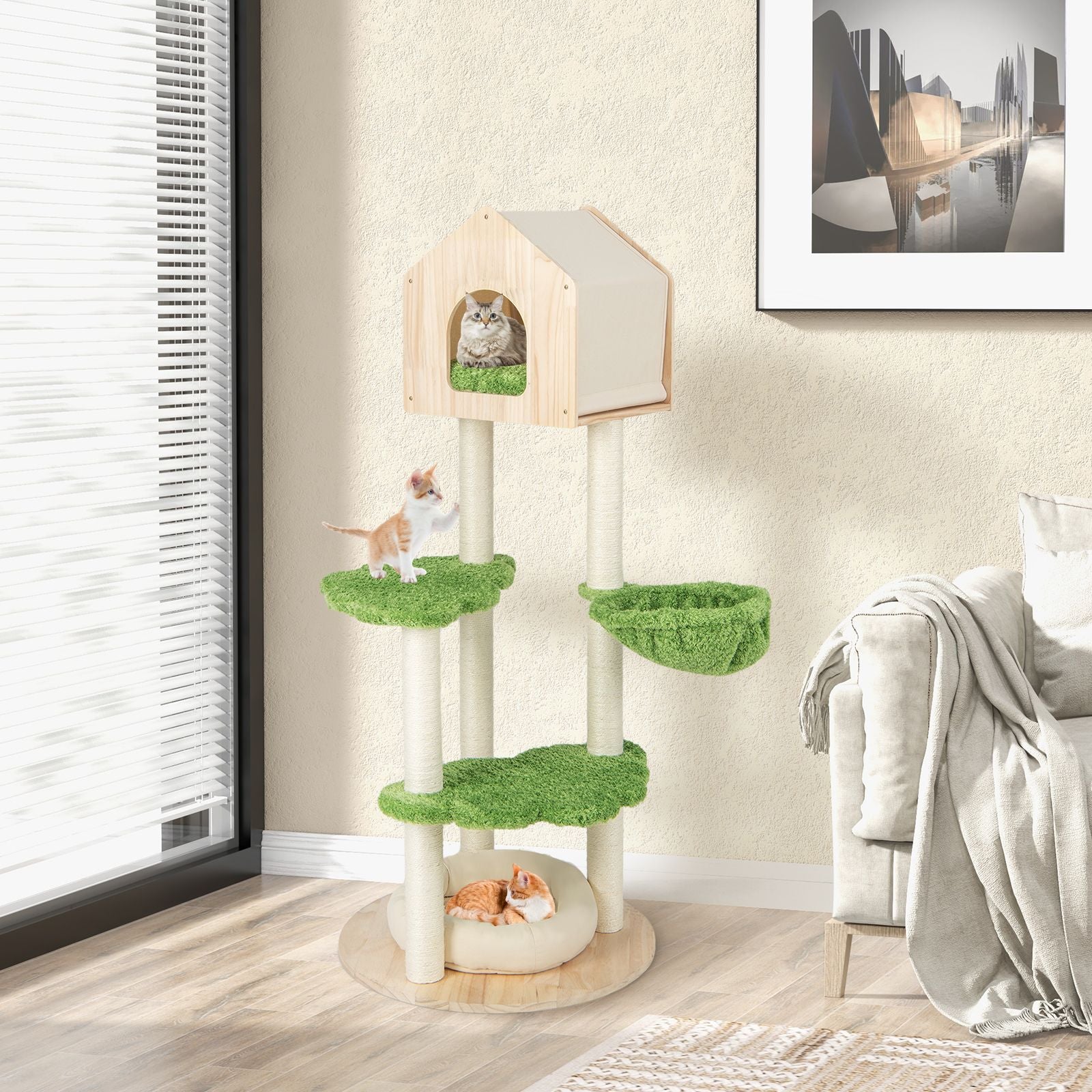 Stylish Wooden Cat Tree with Cozy Condos and Durable Sisal Scratching Posts for Happy Kittens