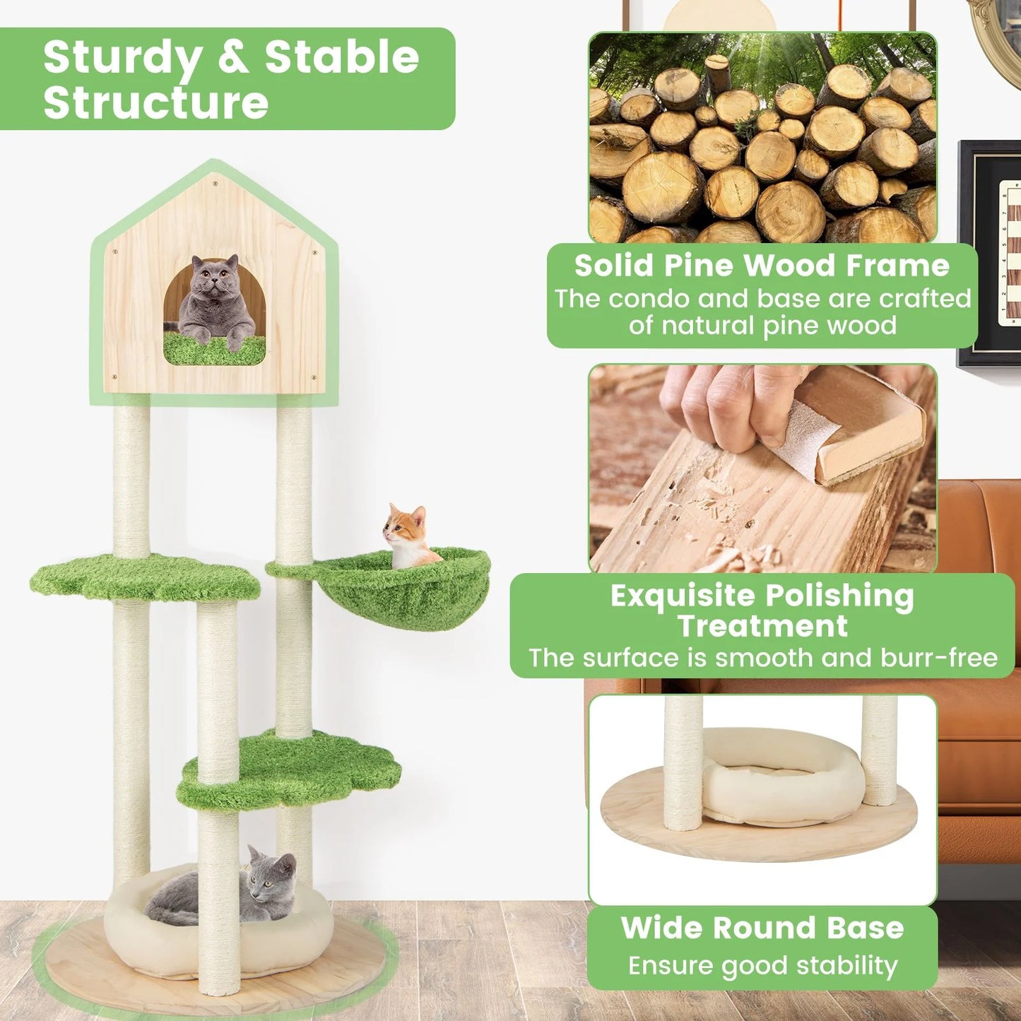 Stylish Wooden Cat Tree with Cozy Condos and Durable Sisal Scratching Posts for Happy Kittens