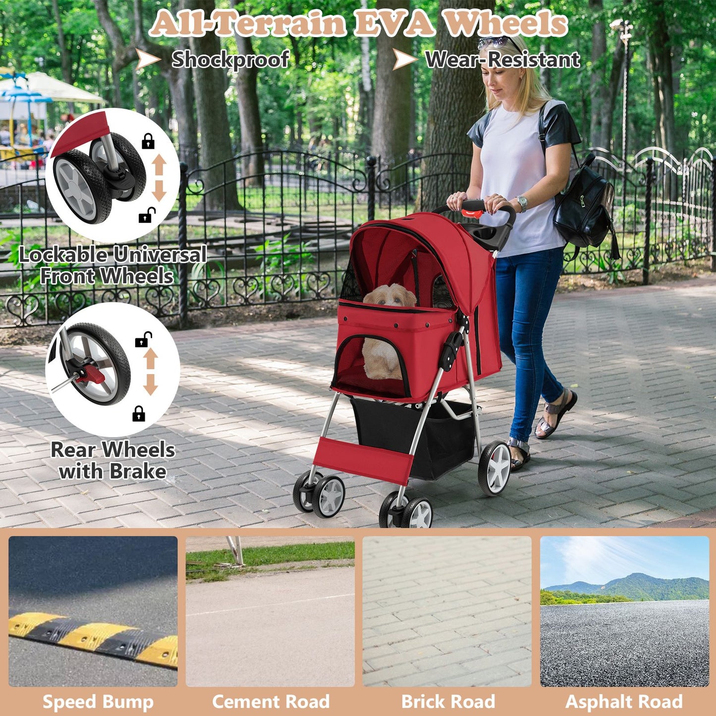 4-Wheel Folding Pet Stroller with Storage Basket and Adjustable Canopy System