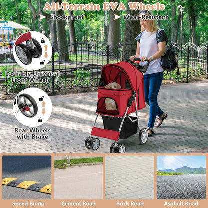 4-Wheel Folding Pet Stroller with Storage Basket and Adjustable Canopy System