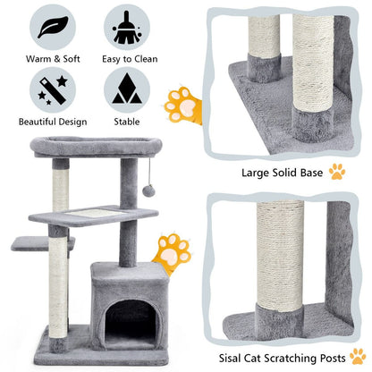 4-Tier Cat Tree with Scratching Posts and Interactive Dangling Ball