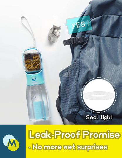 3-in-1 Portable Water Bottle for Dogs with Food Container and Poop Bag Holder - Ideal for Outdoor Activities, 20 Oz, Blue