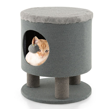 Indoor Cat Condo Stool with Scratching Posts and Plush Toy Ball