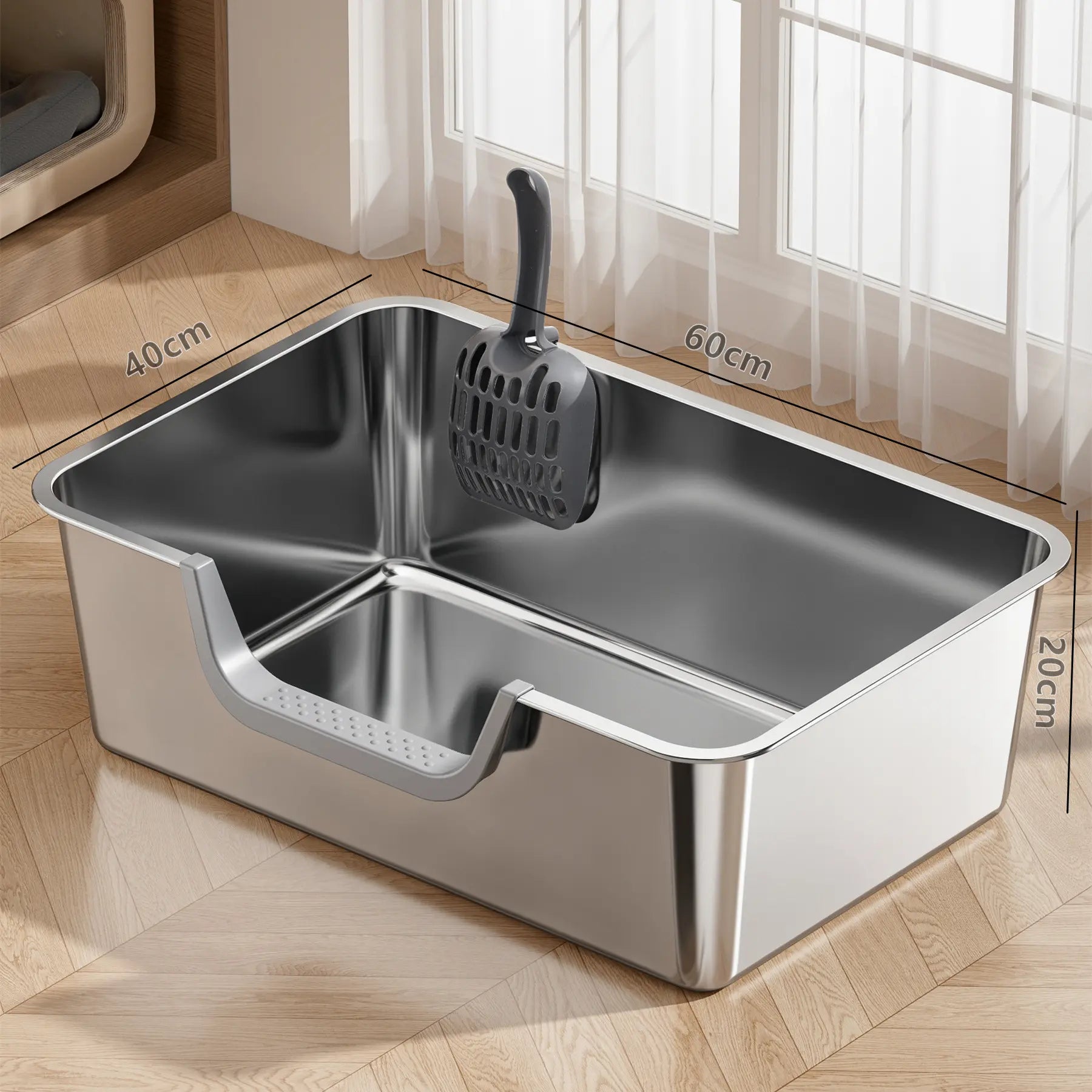 Extra Large Stainless Steel Cat Litter Box with Top Entry and Side Opening - Anti-Splash Design, Durable and Easy to Clean, 60x40x20 cm