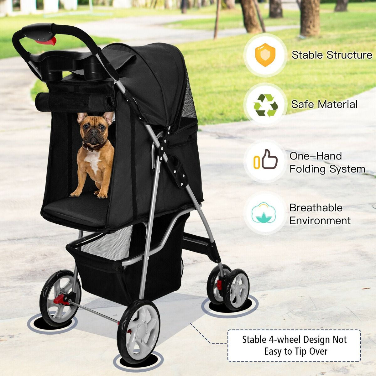 4-Wheel Folding Pet Stroller with Storage Basket and Adjustable Canopy System