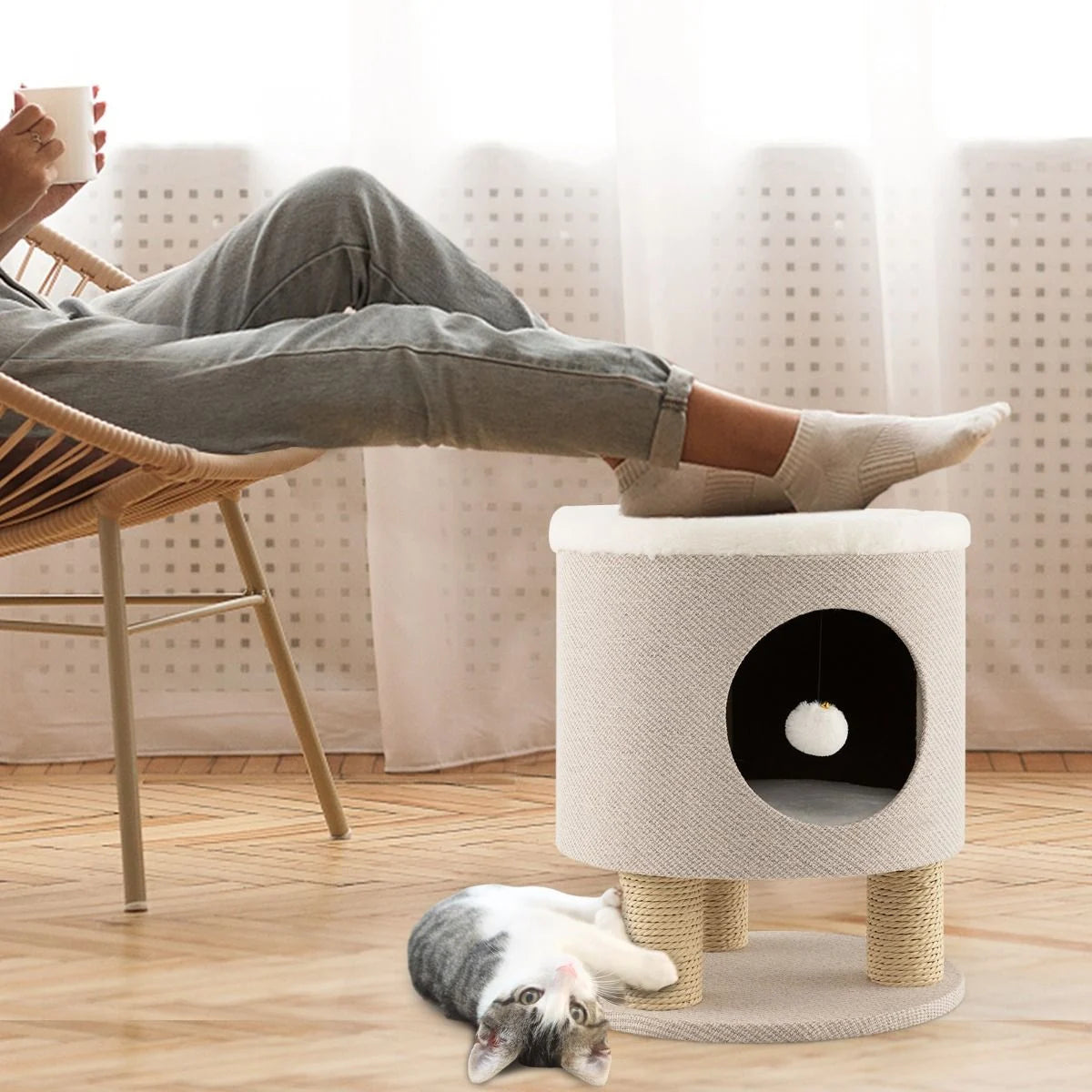 Indoor Cat Condo Stool with Scratching Posts and Plush Toy Ball