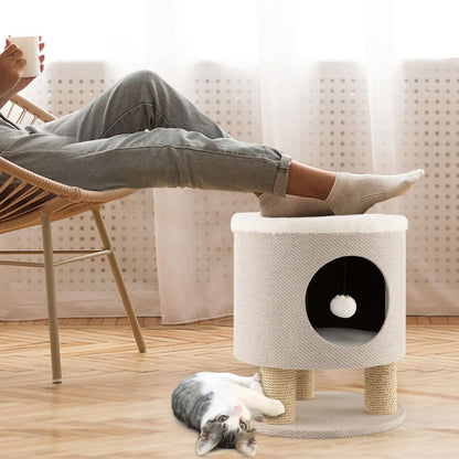 Indoor Cat Condo Stool with Scratching Posts and Plush Toy Ball