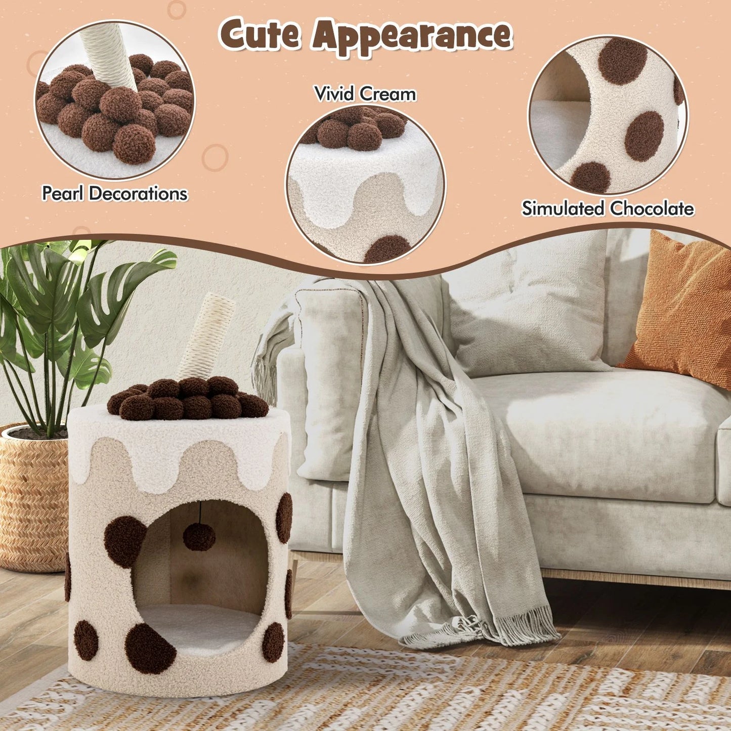 Charming Bubble Tea Cat Tree Tower with Interactive Scratching Post and Cozy Condo