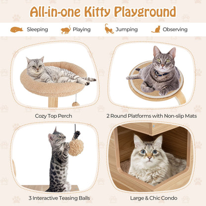 51-Inch Premium Wooden Cat Tree with Durable Solid Wood Post and Curved Plywood Frame